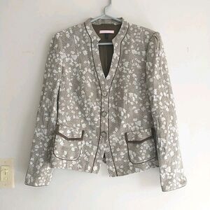 Basler Blazer Jacket Womens 40 M Beige Gray Abstract Silk Blend Pocket SplitCuff